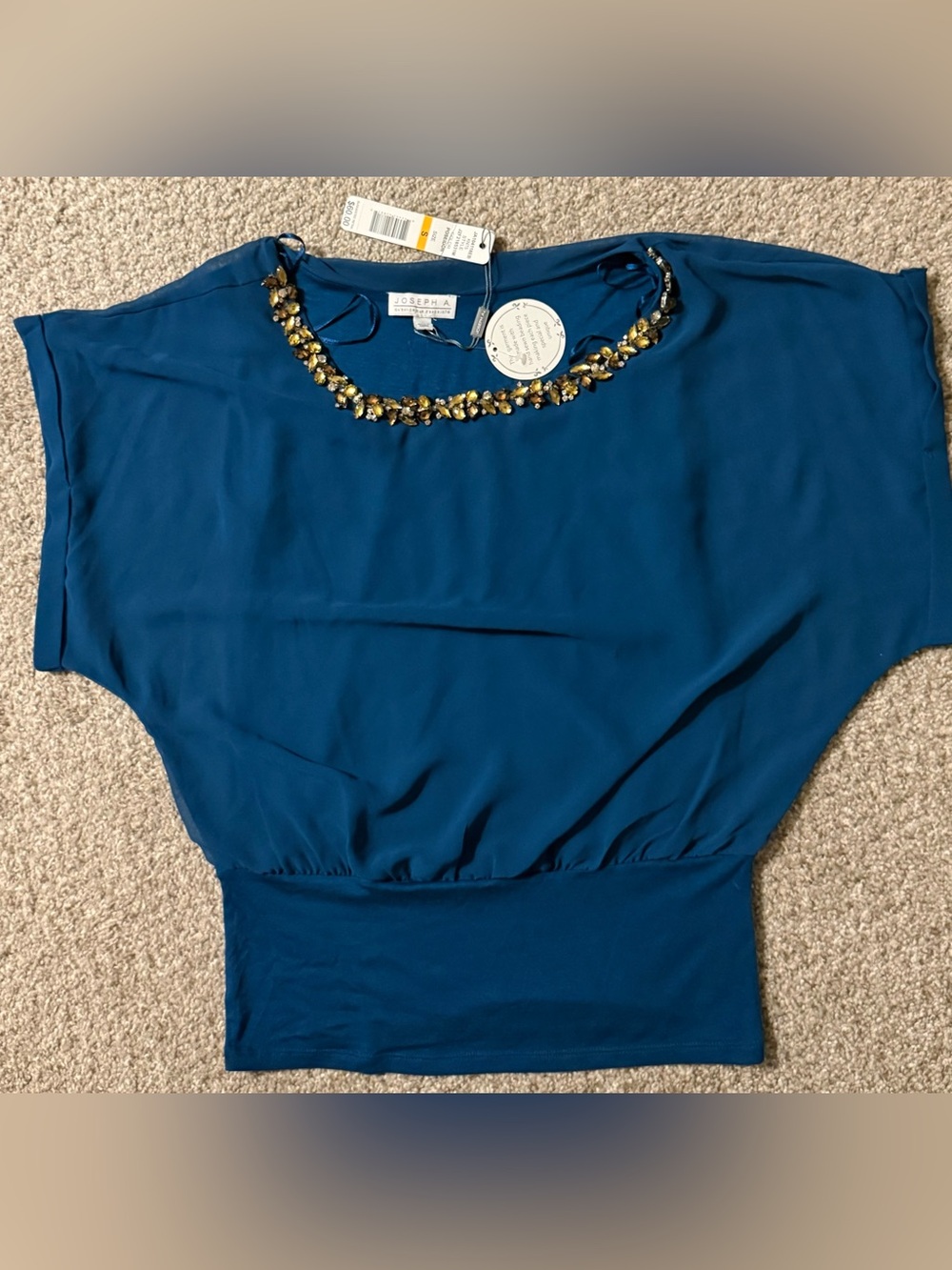 Joseph A Teal Blue Jeweled Neck Blouson Top